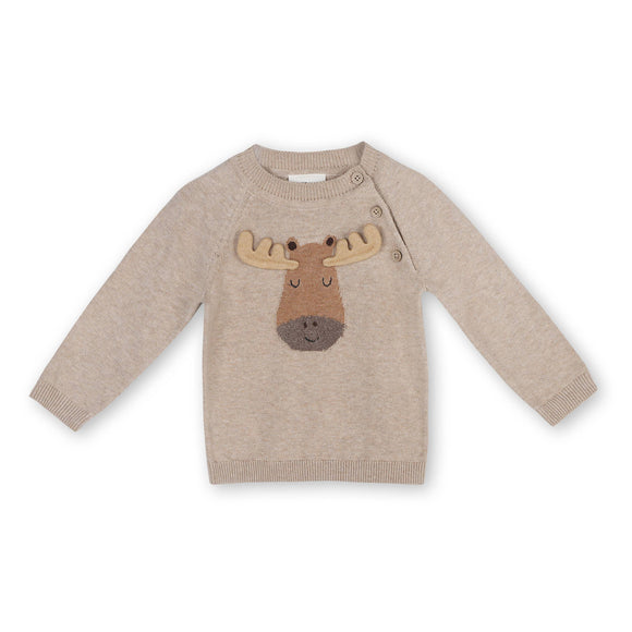 Viverano Organics - Moose Applique Raglan Baby Pullover Sweater (Organic Cotton): Oat Heather / 18-24M