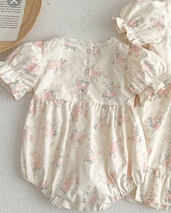 Vintage Romper - Ivory w Light Pink Rose Floral