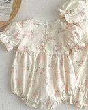 Vintage Romper - Ivory w Light Pink Rose Floral