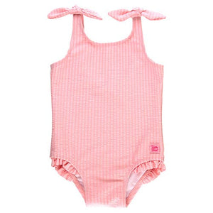 RuffleButts - Pink Seersucker Tie Shoulder One Piece